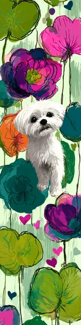 Free dog bookmarks featuring a white dog in a green lily pad and flowers